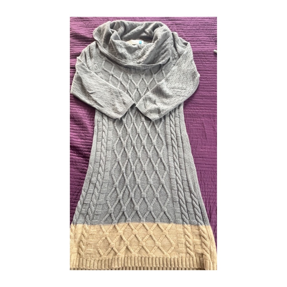 Sparrow Gray Cable Knit Cowl Neck Midi Sweater‎ Dress Women's M Tan Trim